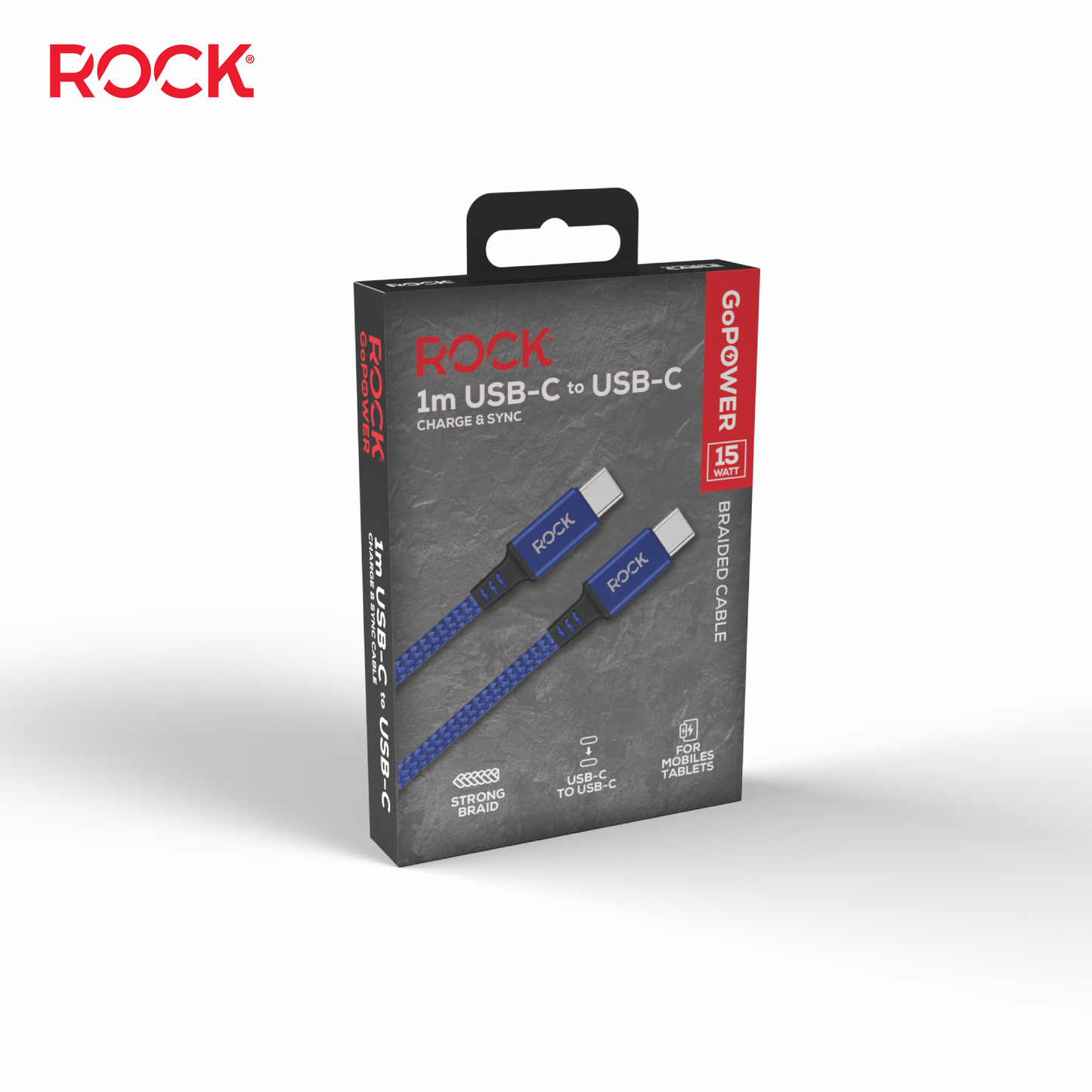 Rock Go Power 1 Metre Braided USB-C to USB-C Charge & Sync Cable, 15W Navy