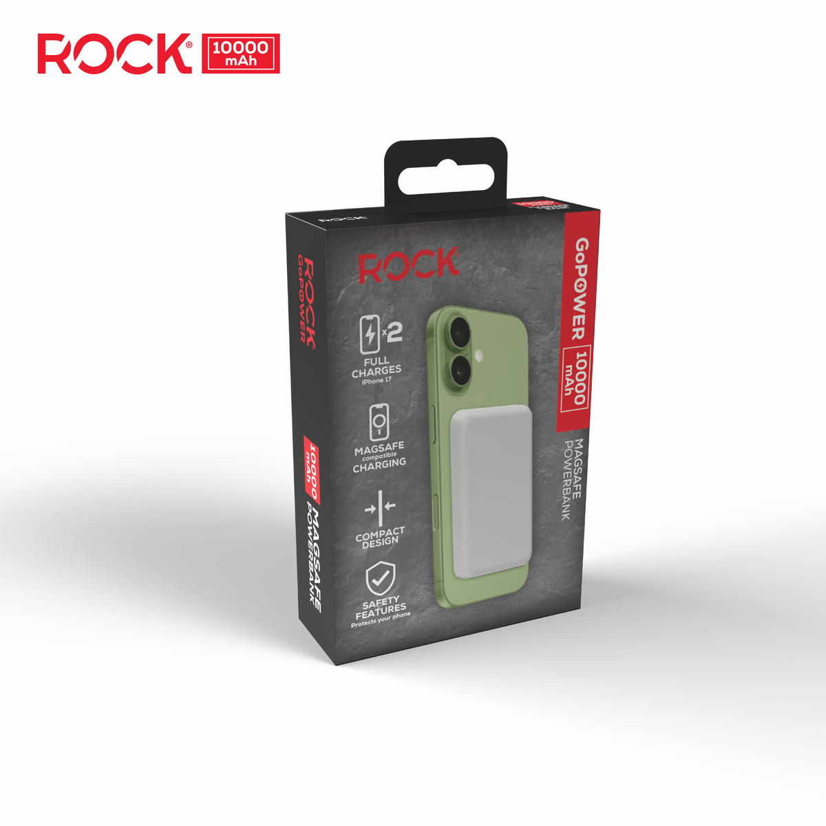 Rock Go Power 10,000 mAh Magsafe Power Bank, Provides 2 Charges - Black