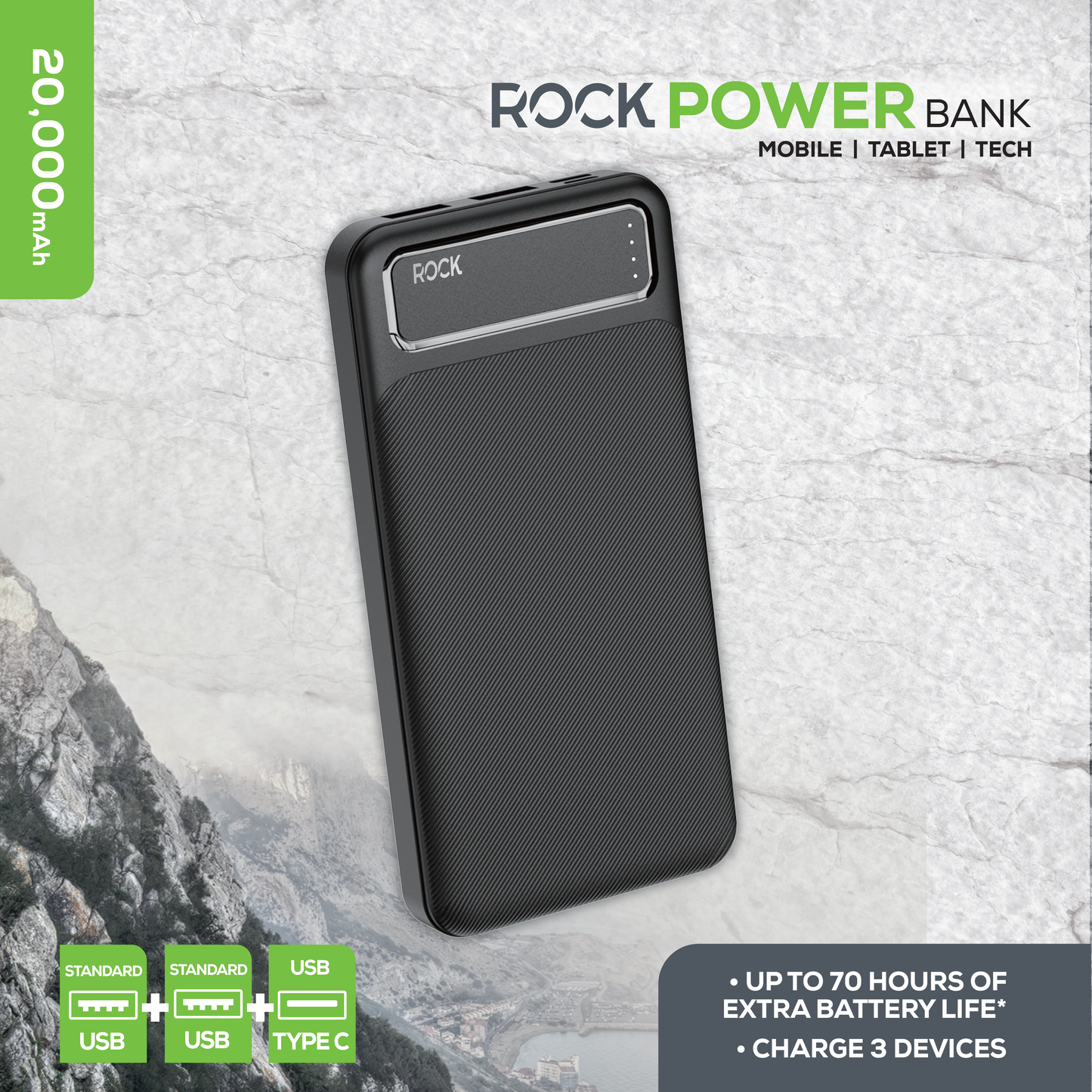 Rock 20,000 mAh Power Bank. Charge 3 Devices, Provides 6 Charges, 20 Watt, Black