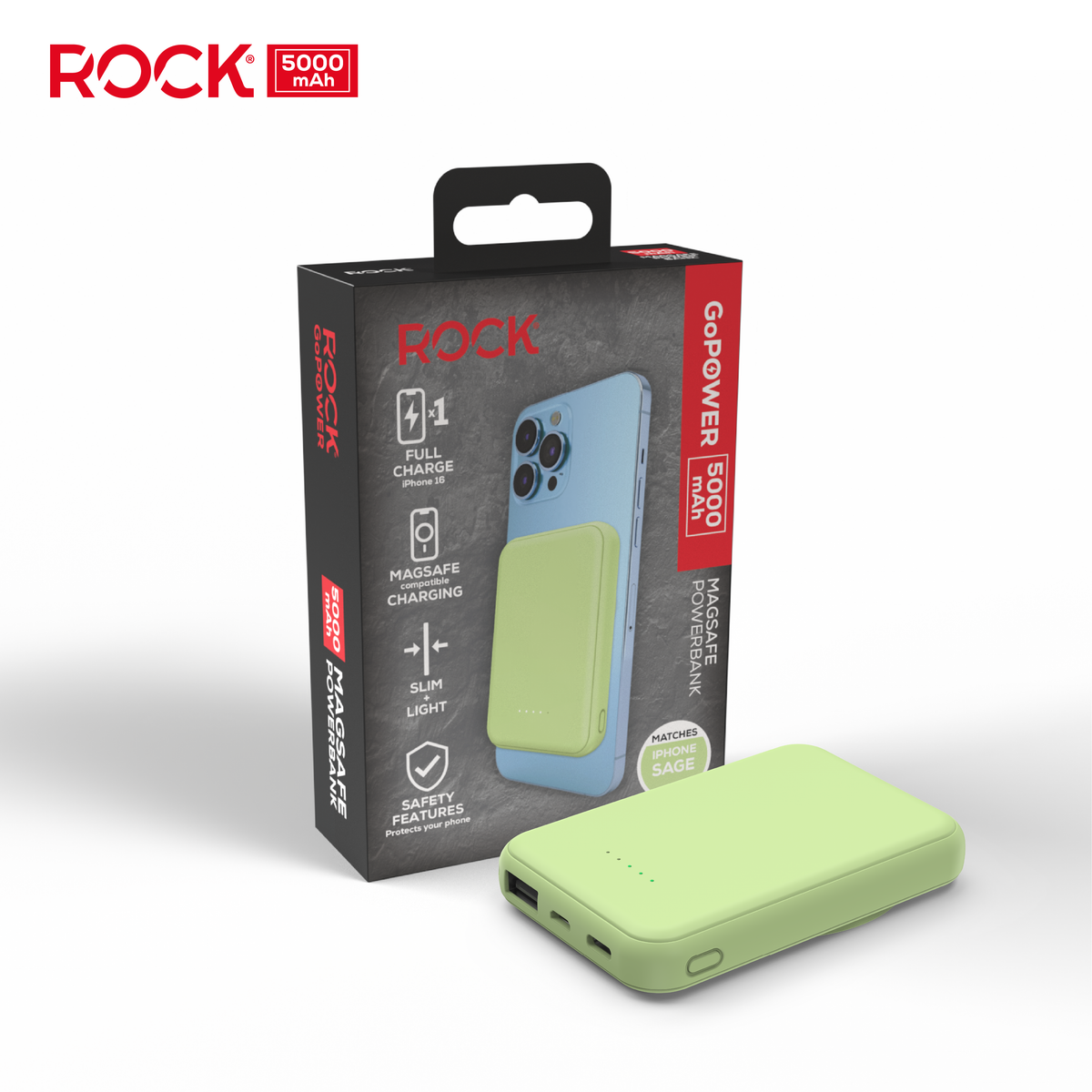 Rock Go Power Sage Green 5000mAh Magsafe PowerBank with USB-C and USB-A ports, Provides 1 full charge