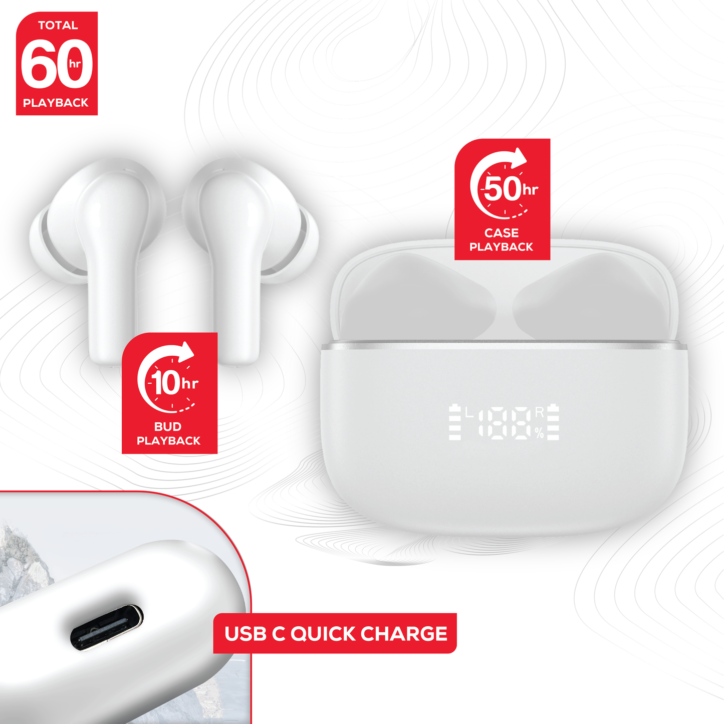 Rock’s ANC & ENC enabled earphones. Compatible with Apple & Android devices. Comfort-fit earbuds with sensitive touch controls on the buds enabling forward, rewind, volume, call answering and Siri/Google Assistant control. 10m range, Bluetooth V5.3 for better connectivity. Call answering enabled. Superior audio quality delivering crystal clear sound. USB C charging port