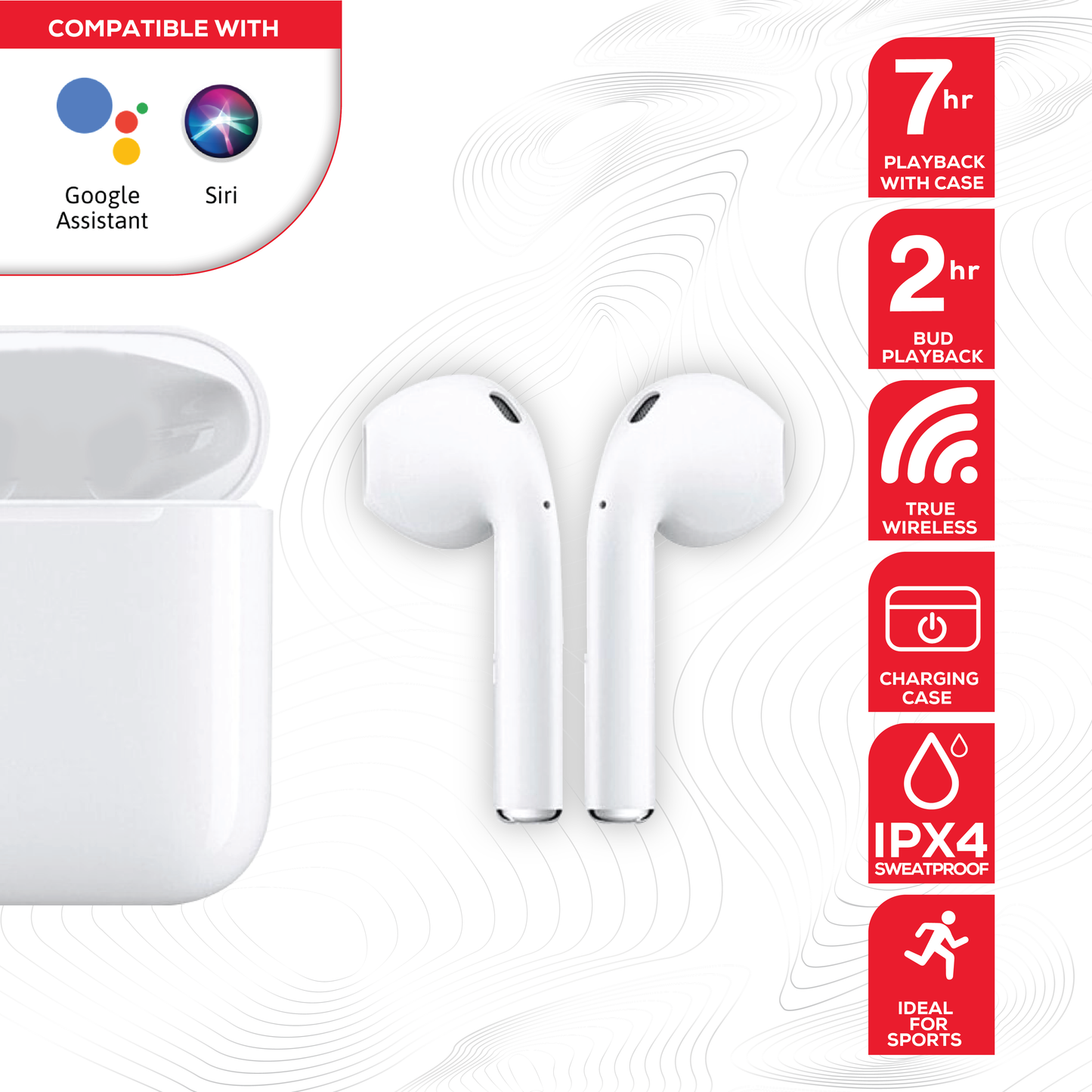 Rock’s TWS earphones offer around 7 hours of playback using the buds + the charging case. Compatible with Apple & Android devices. Comfort-fit earbuds. Sensitive touch controls on the buds enabling forward, rewind, volume, call answering and Siri/Google Assistant control. 10m range. Bluetooth V5.0 for better connectivity. Call answering enabled. Superior audio quality delivers crystal clear sound. USB Type C charging port