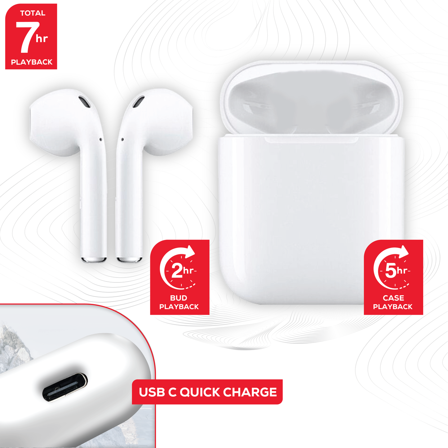 Rock’s TWS earphones offer around 7 hours of playback using the buds + the charging case. Compatible with Apple & Android devices. Comfort-fit earbuds. Sensitive touch controls on the buds enabling forward, rewind, volume, call answering and Siri/Google Assistant control. 10m range. Bluetooth V5.0 for better connectivity. Call answering enabled. Superior audio quality delivers crystal clear sound. USB Type C charging port
