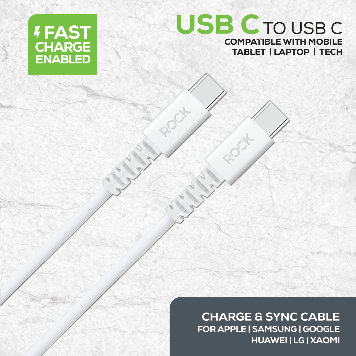 Rock's white 1 metre USB C to USB C charge and sync cable for all USB C devices. Compatible with Apple devices, Samsung devices, Google devices, Huawei devices, LG devices , Tablets, Laptops & Game Consoles with a Type C connection. 15 Watt fast charge enabled with durable reinforced connector.