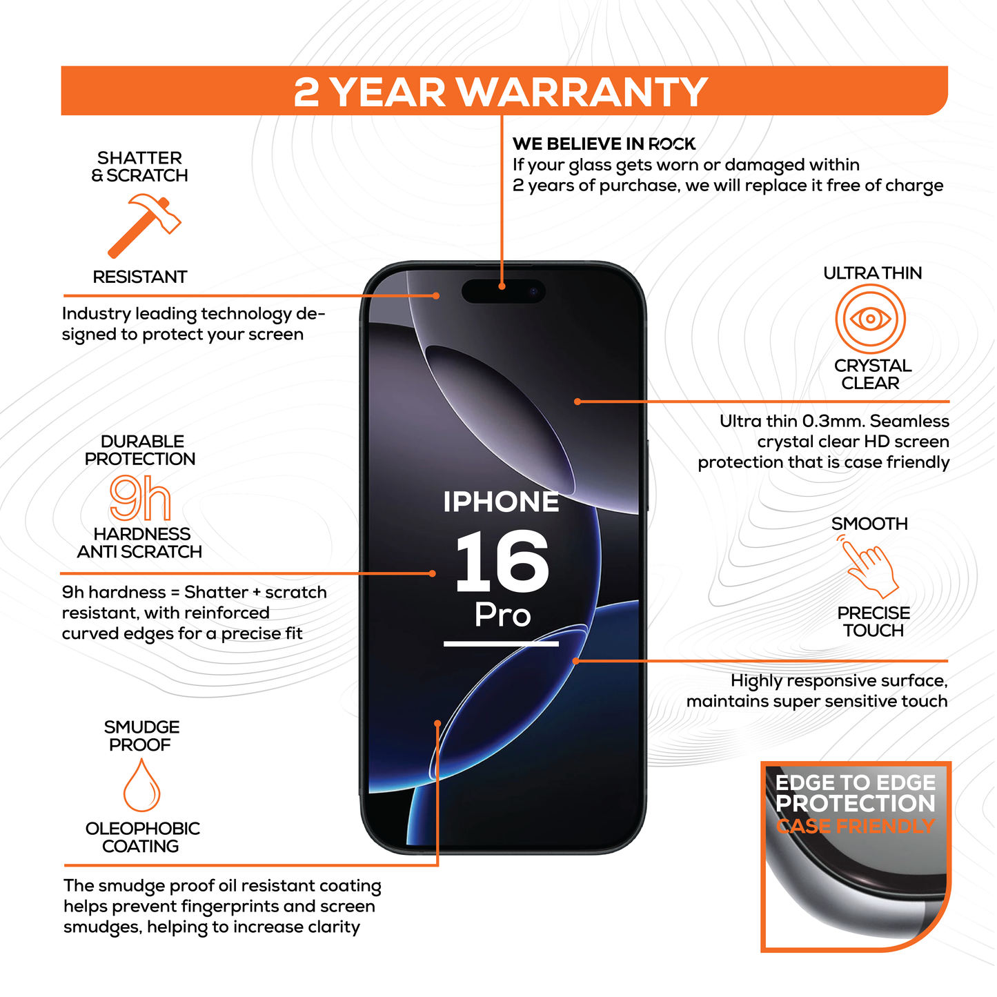 Rock Tempered Glass Screen Protection For iPhone 16 Pro