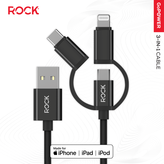 Rock Go Power Braided 1 Metre 3-in-1 Charging Cable - Black