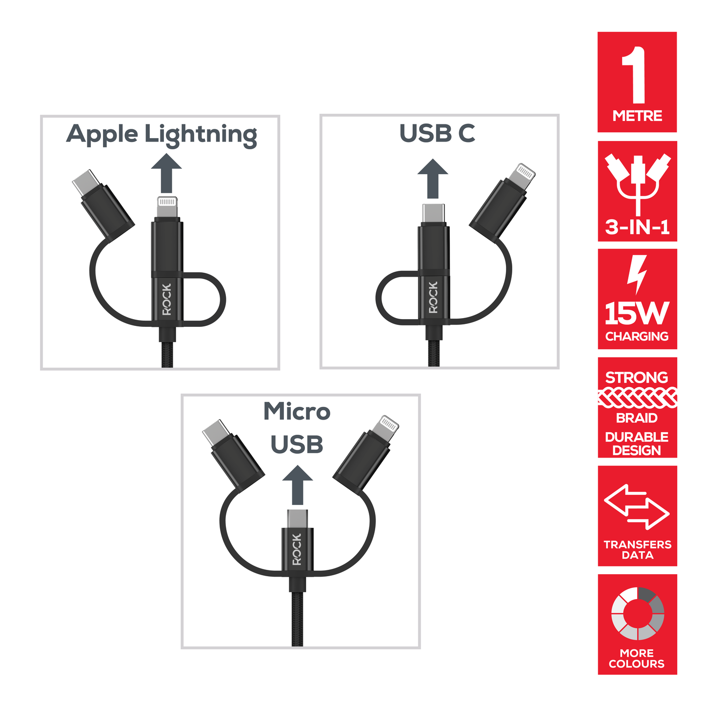 Rock Go Power Braided 1 Metre 3-in-1 Charging Cable - Black