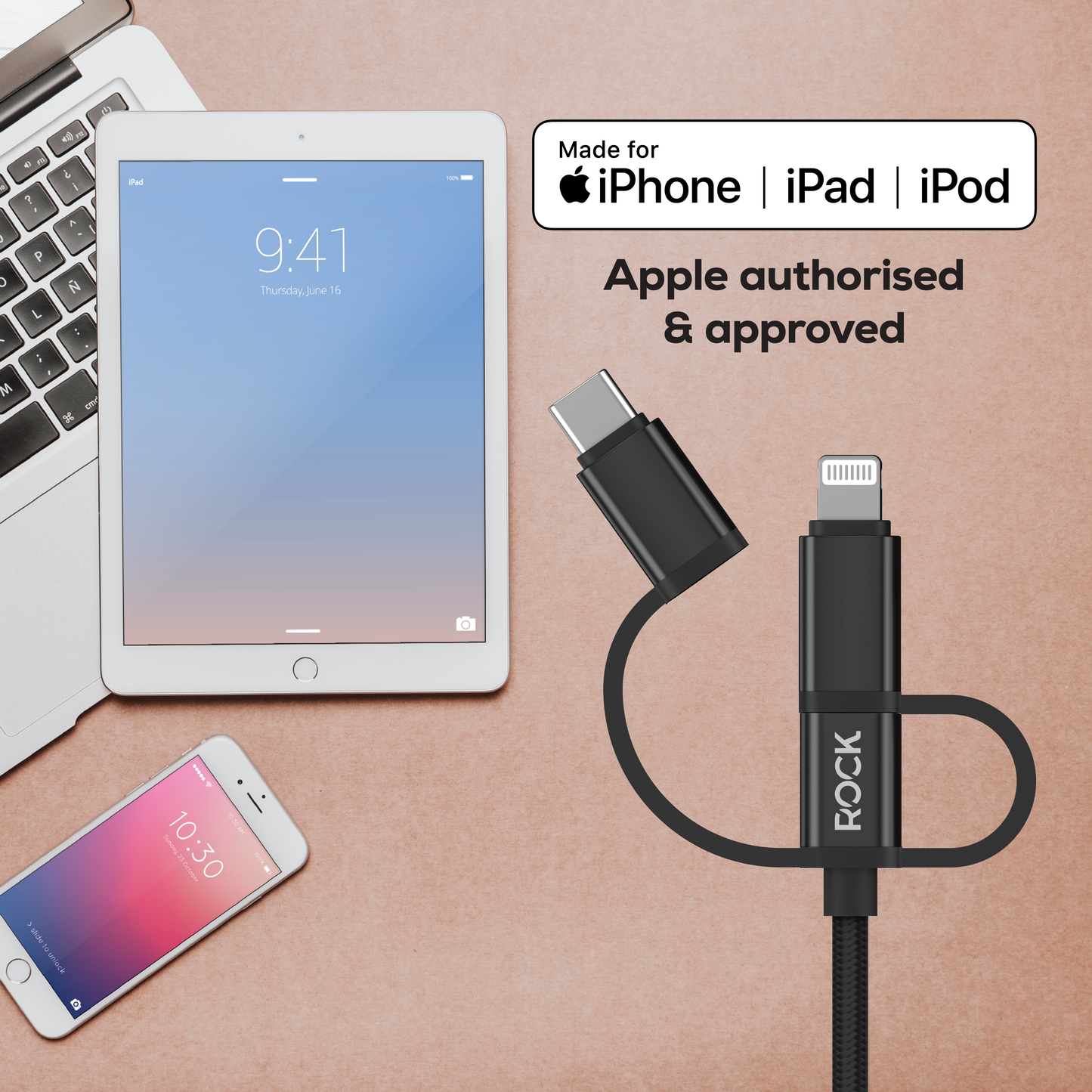 Rock Go Power Braided 1 Metre 3-in-1 Charging Cable - Black