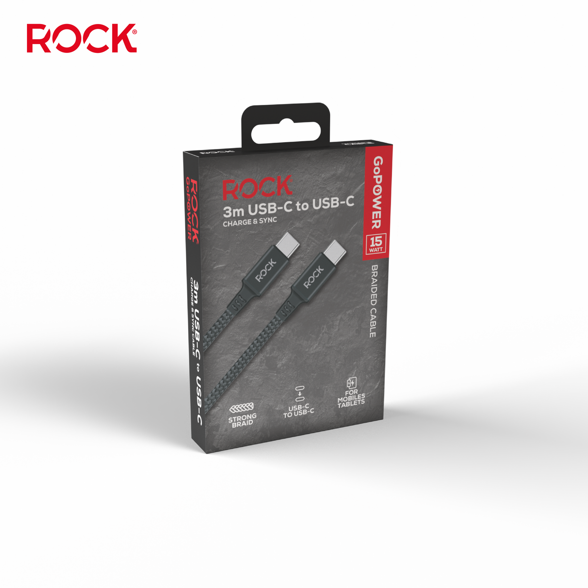 Rock Go Power 3 Metre Braided USB-C to USB-C Charge & Sync Cable, 15W Black