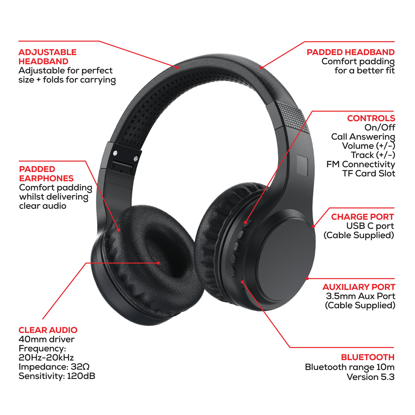 Rock Montari Lite Bluetooth On-Ear Headphones with 14 hour Playback - Black
