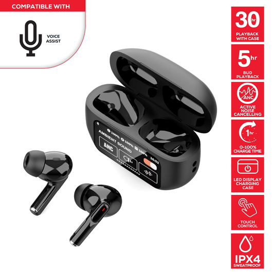 Rock Palm Touch ANC Wireless In-Ear Earbuds with 30 hour Playback - Black