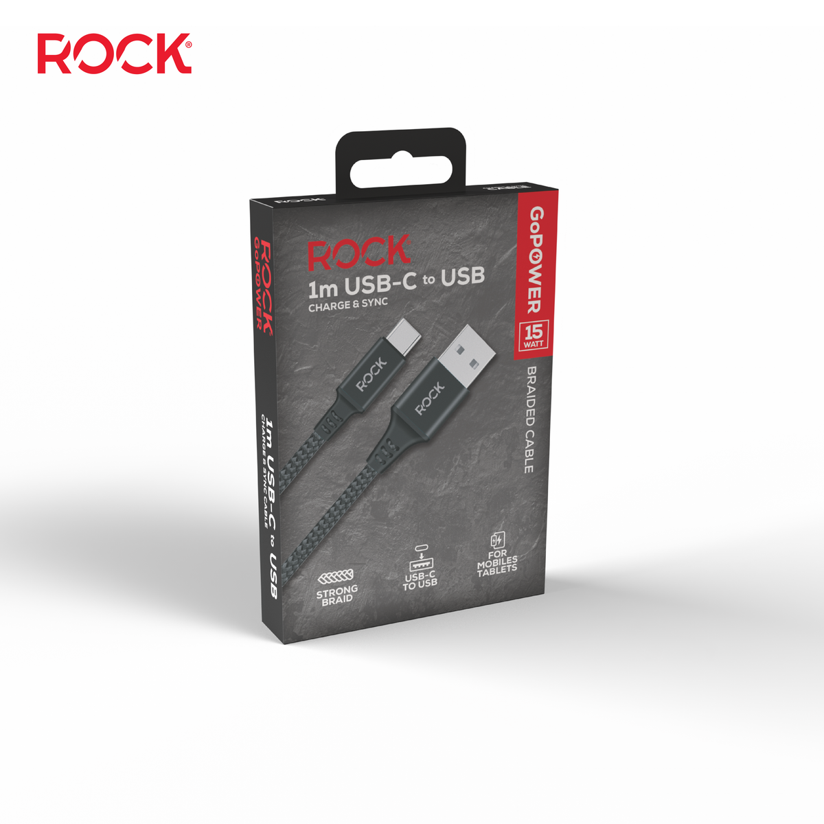 Rock Go Power 1 Metre Braided USB to USB-C Charge & Sync Cable, 15W Black