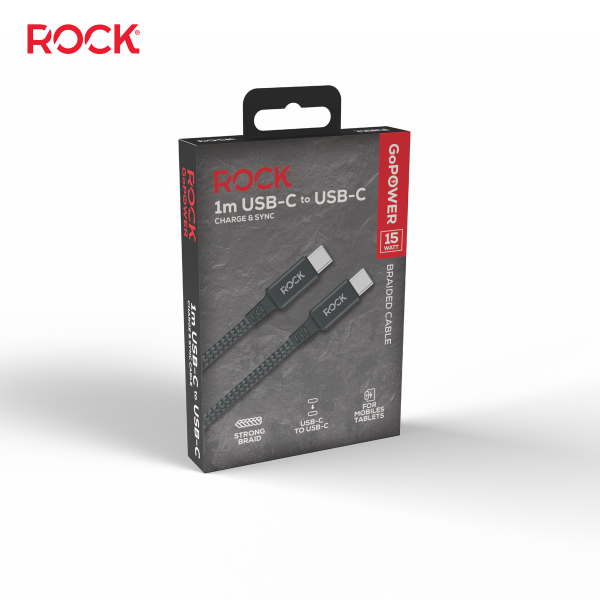 Rock Go Power 1 Metre Braided USB-C to USB-C Charge & Sync Cable, 15W Black