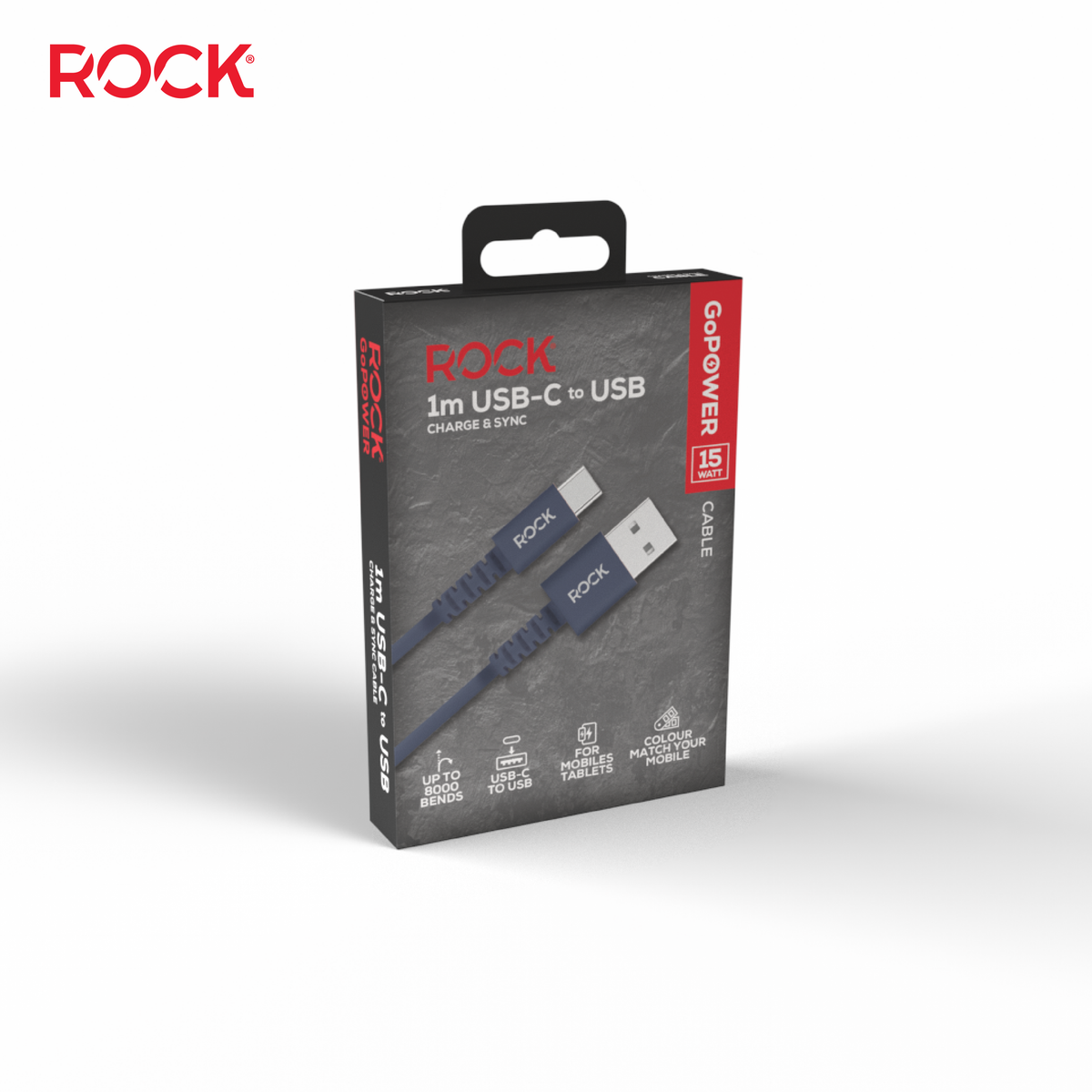 Rock Go Power 1 Metre USB to USB-C Charge & Sync Cable, 15W Deep Blue