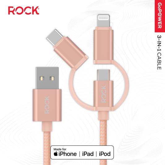 Rock Go Power Braided 1 Metre 3-in-1 Charging Cable - Champagne