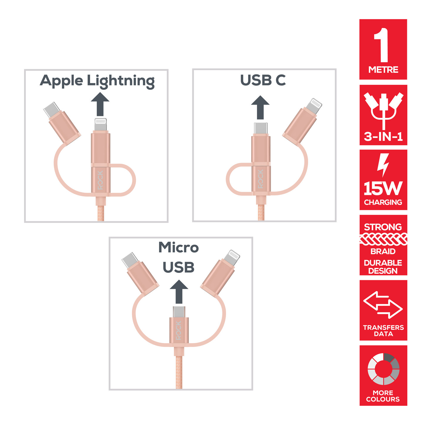 Rock Go Power Braided 1 Metre 3-in-1 Charging Cable - Champagne