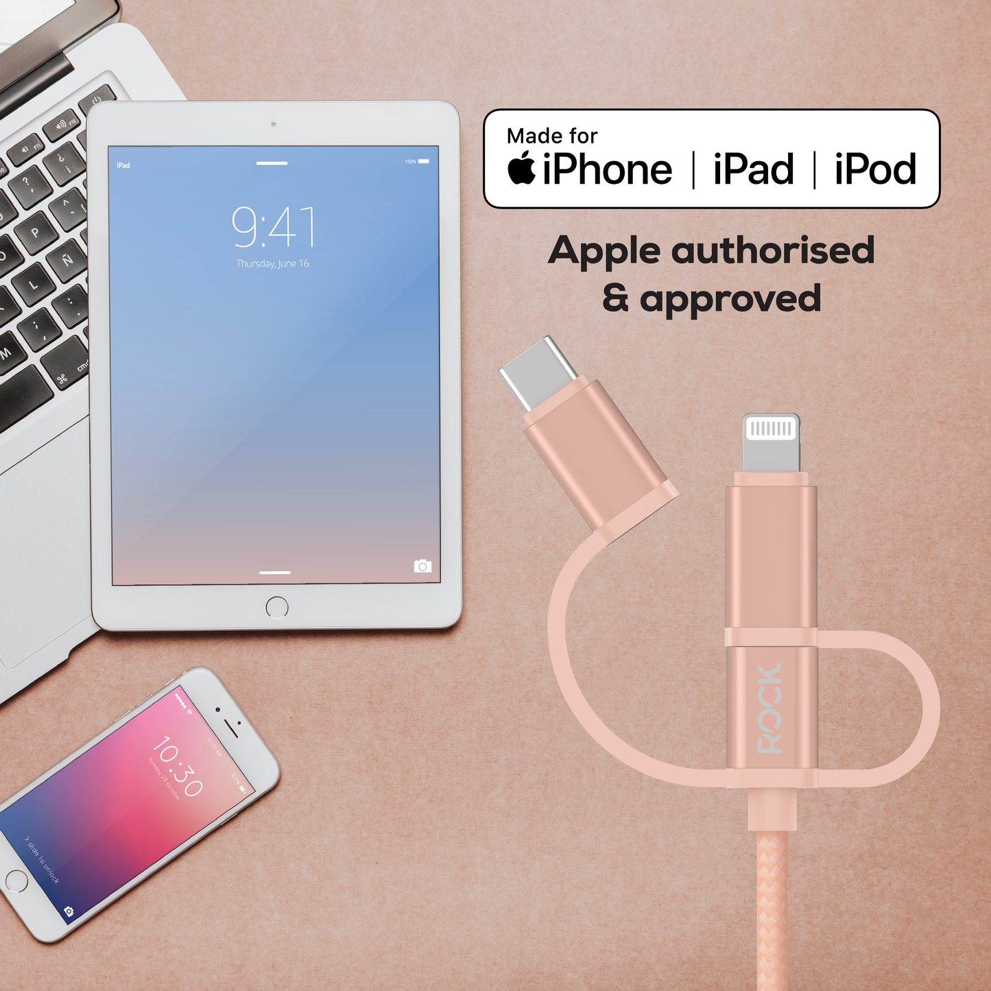 Rock Go Power Braided 1 Metre 3-in-1 Charging Cable - Champagne