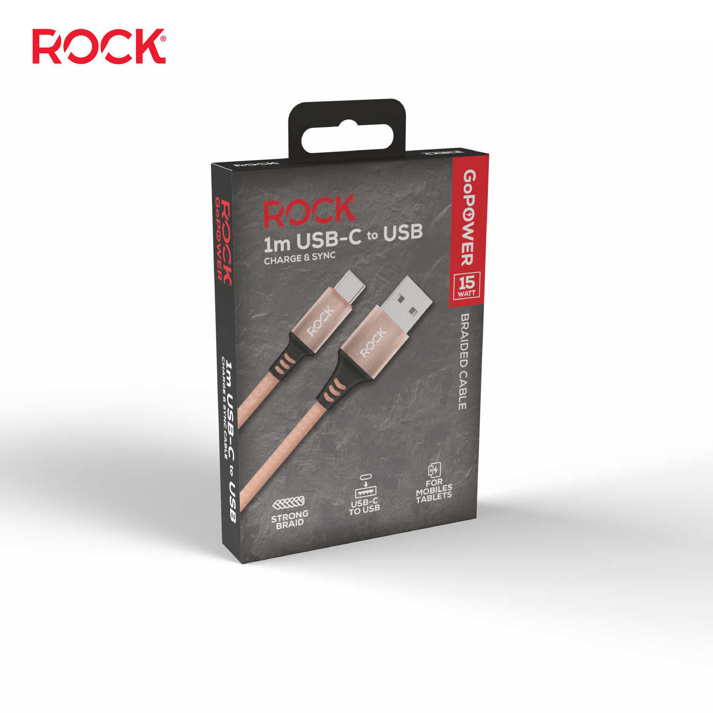 Rock Go Power 1 Metre Braided USB to USB-C Charge & Sync Cable, 15W Champagne