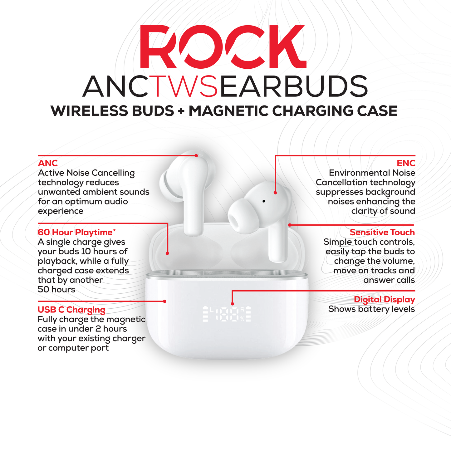 Rock’s ANC & ENC enabled earphones. Compatible with Apple & Android devices. Comfort-fit earbuds with sensitive touch controls on the buds enabling forward, rewind, volume, call answering and Siri/Google Assistant control. 10m range, Bluetooth V5.3 for better connectivity. Call answering enabled. Superior audio quality delivering crystal clear sound. USB C charging port