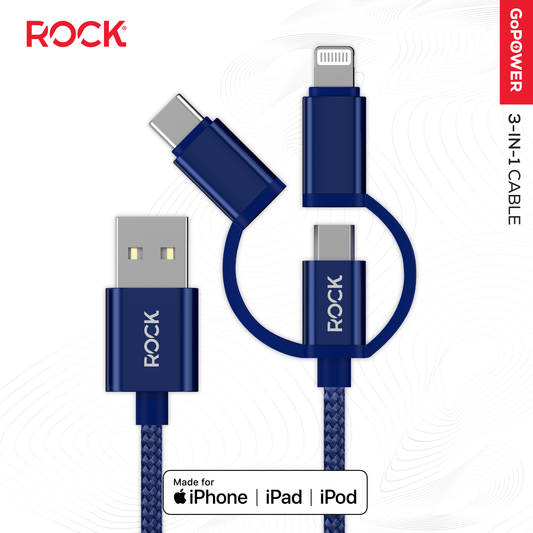 Rock Go Power Braided 1 Metre 3-in-1 Charging Cable - Navy