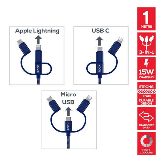 Rock Go Power Braided 1 Metre 3-in-1 Charging Cable, 15W Navy