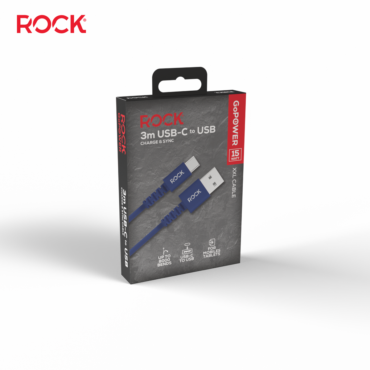 Rock Go Power 3 Metre USB to USB-C Charge & Sync Cable, 15W Navy