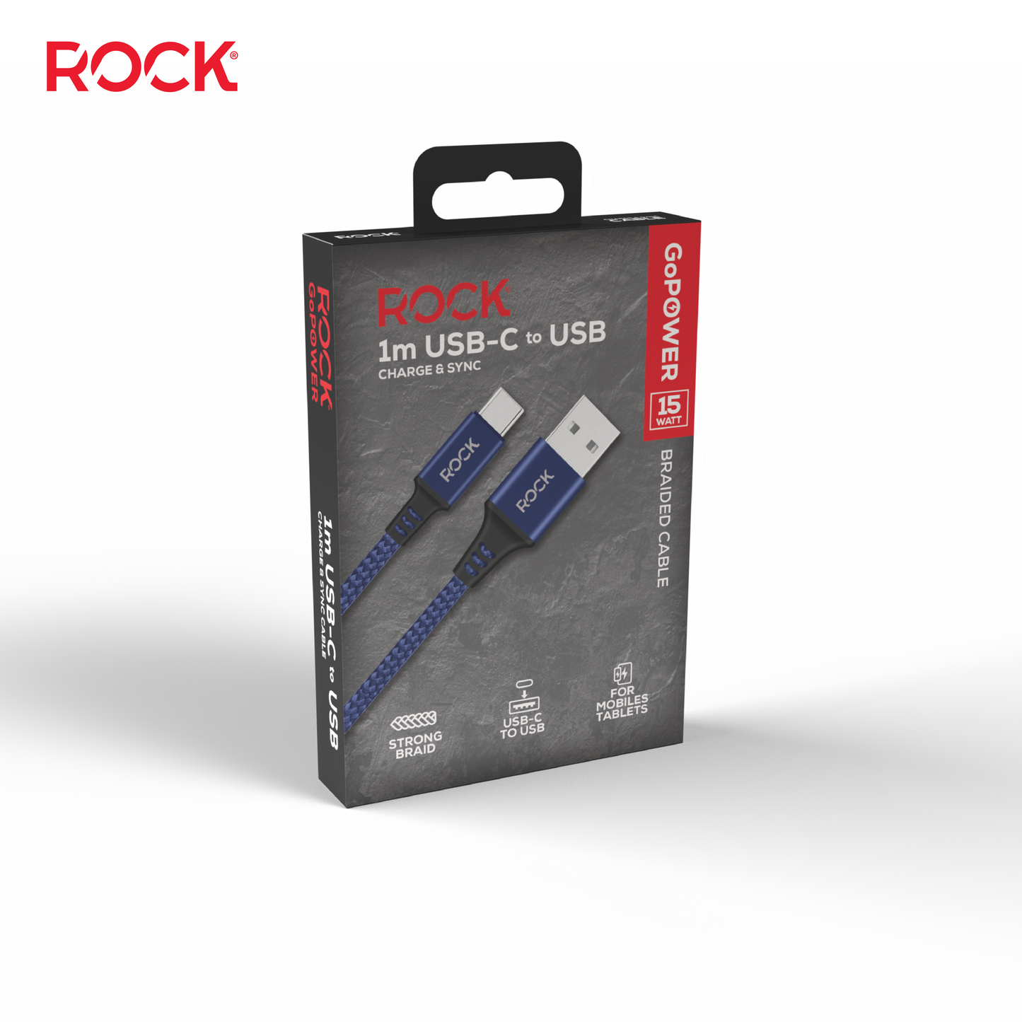 Rock Go Power 1 Metre Braided USB to USB-C Charge & Sync Cable, 15W Navy