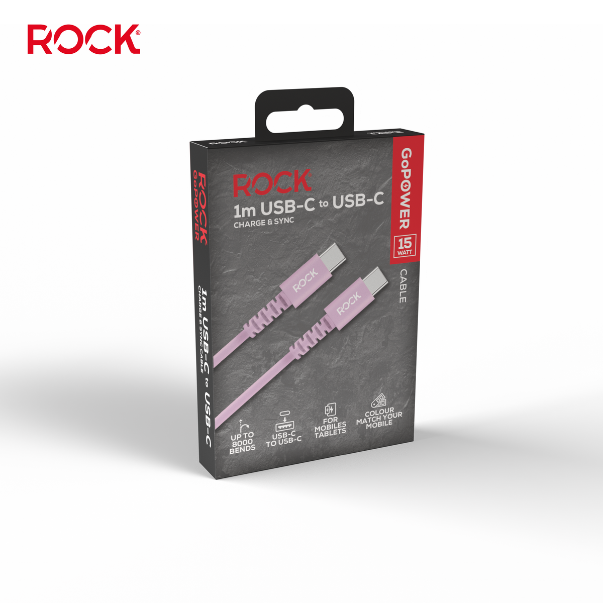 Rock Go Power 1 Metre USB-C to USB-C Charge & Sync Cable, 15W Soft Pink