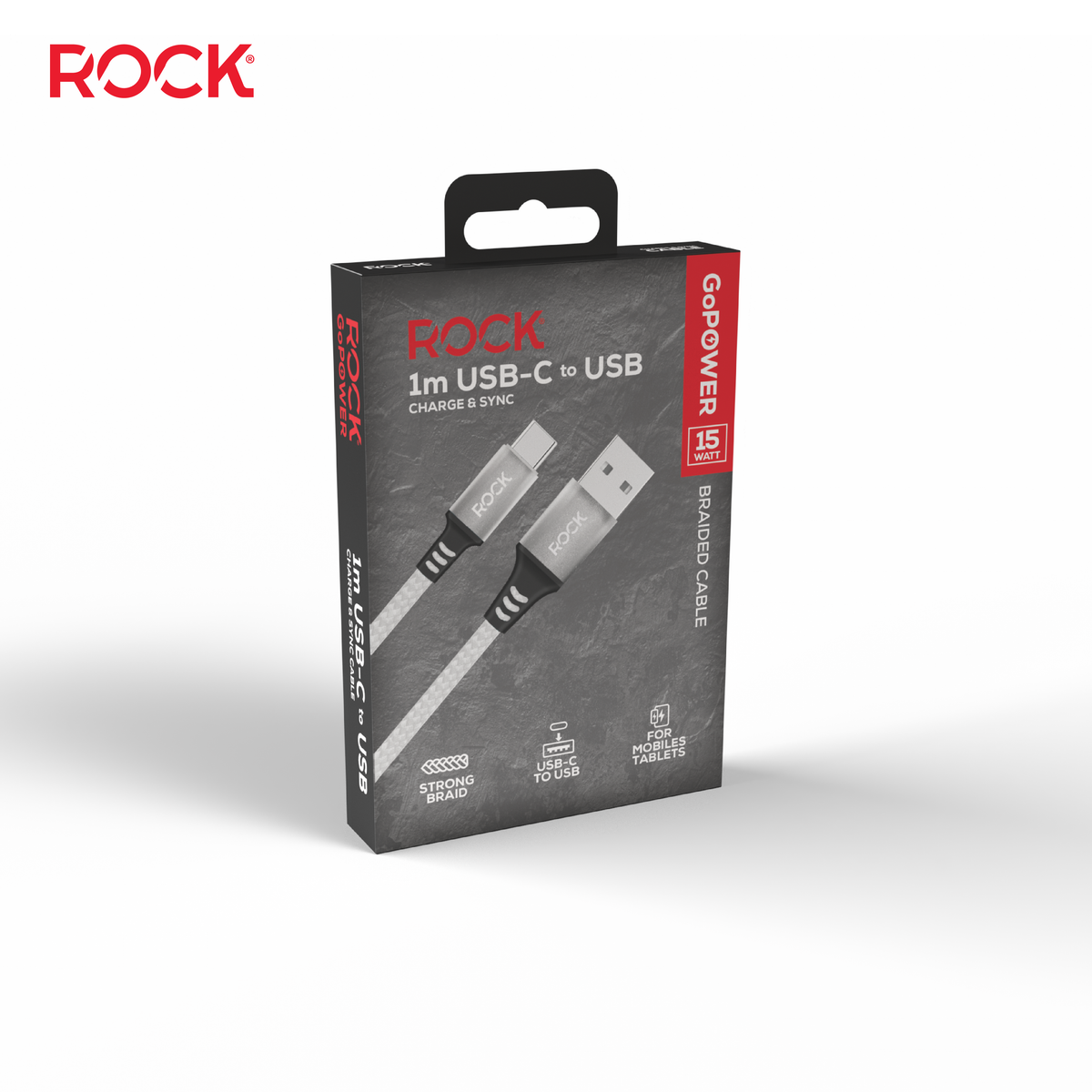 Rock 1 Metre Braided USB to USB-C Charge & Sync Cable, 15W White