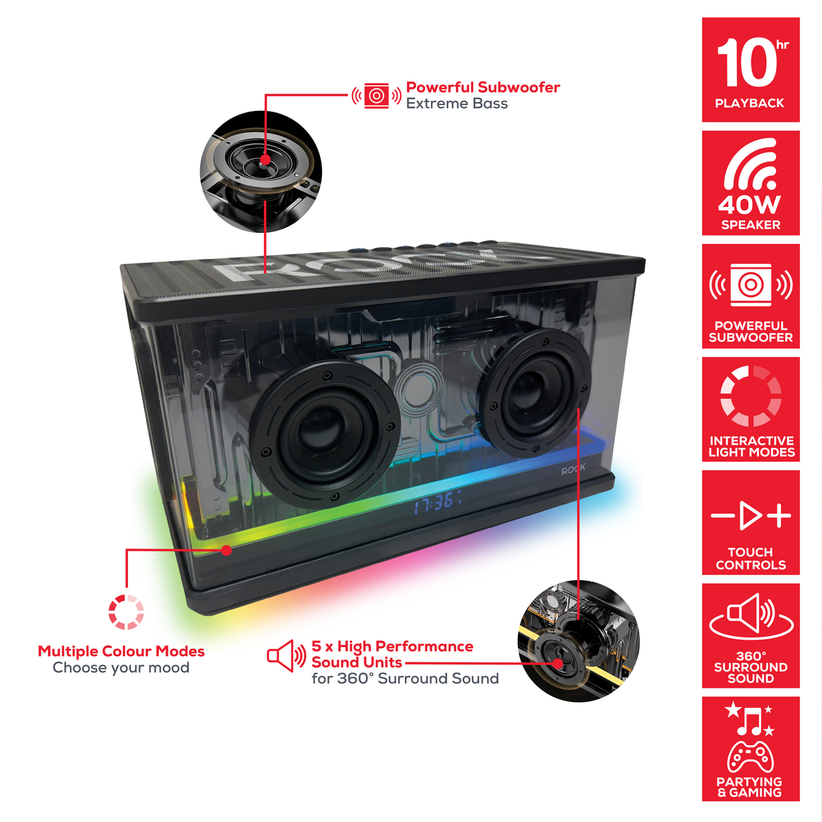Rock Glo Bass 40W Bluetooth Speaker with Colour-Changing LED Lights