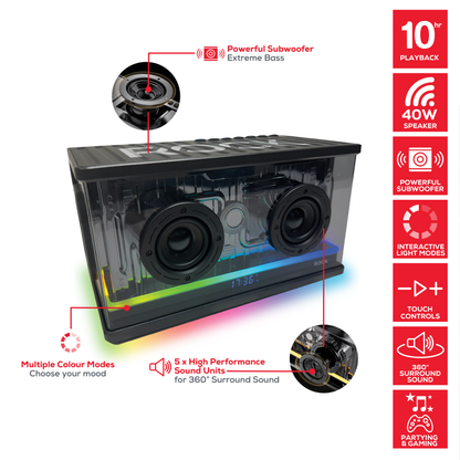 Rock Glo Bass 40W Bluetooth Speaker with Colour-Changing LED Lights