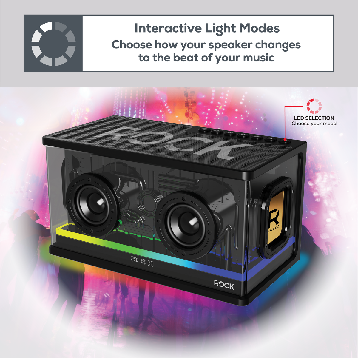 Rock Glo Bass 40W Bluetooth Speaker with Colour-Changing LED Lights