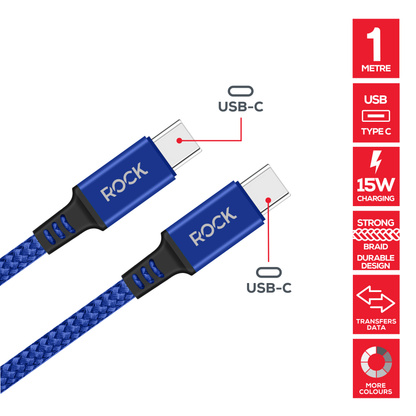 Rock Go Power 1 Metre Braided USB-C to USB-C Charge & Sync Cable, 15W Navy