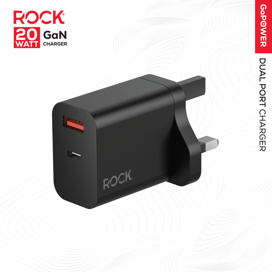 ROCK GO POWER 20 WATT DUAL PORT GAN CHARGER - BLACK