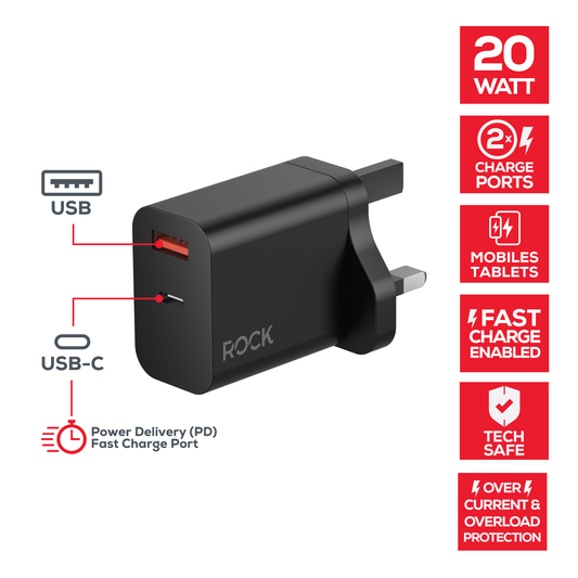 ROCK GO POWER 20 WATT DUAL PORT GAN CHARGER - BLACK