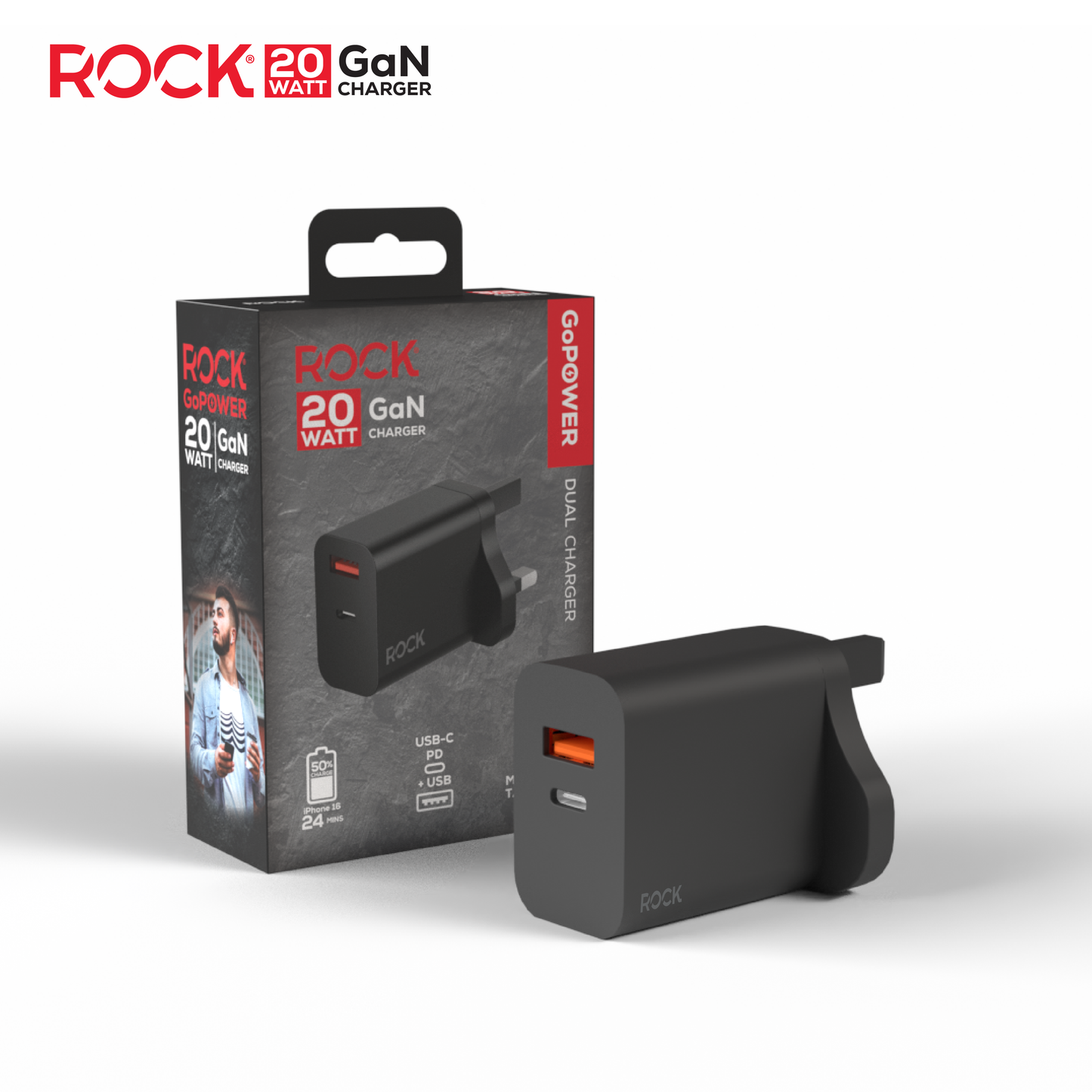 ROCK GO POWER 20 WATT DUAL PORT GAN CHARGER - BLACK