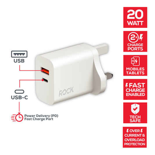 ROCK GO POWER 20 WATT DUAL PORT GAN CHARGER - White