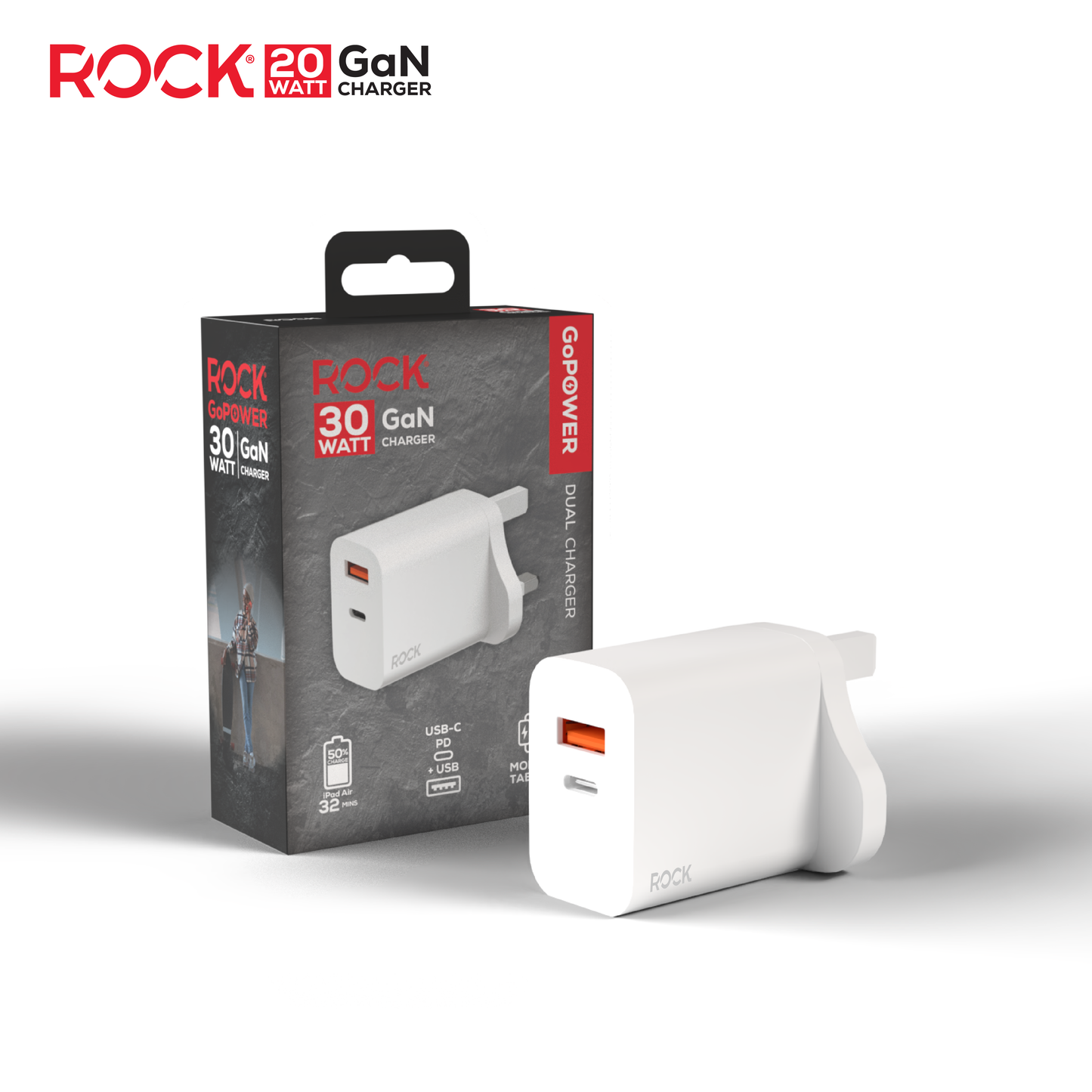 ROCK GO POWER 20 WATT DUAL PORT GAN CHARGER - White