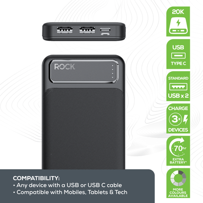 Rock 20,000 mAh Power Bank. Charge 3 Devices, Provides 6 Charges, 20 Watt, Black
