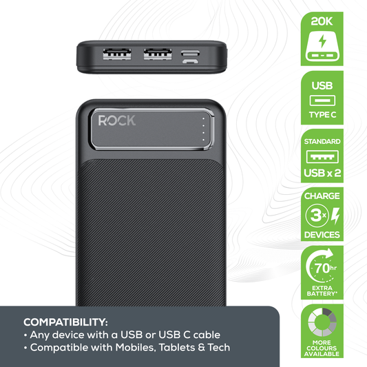 Rock 20,000 mAh Power Bank. Charge 3 Devices, Provides 6 Charges, 20 Watt, Black