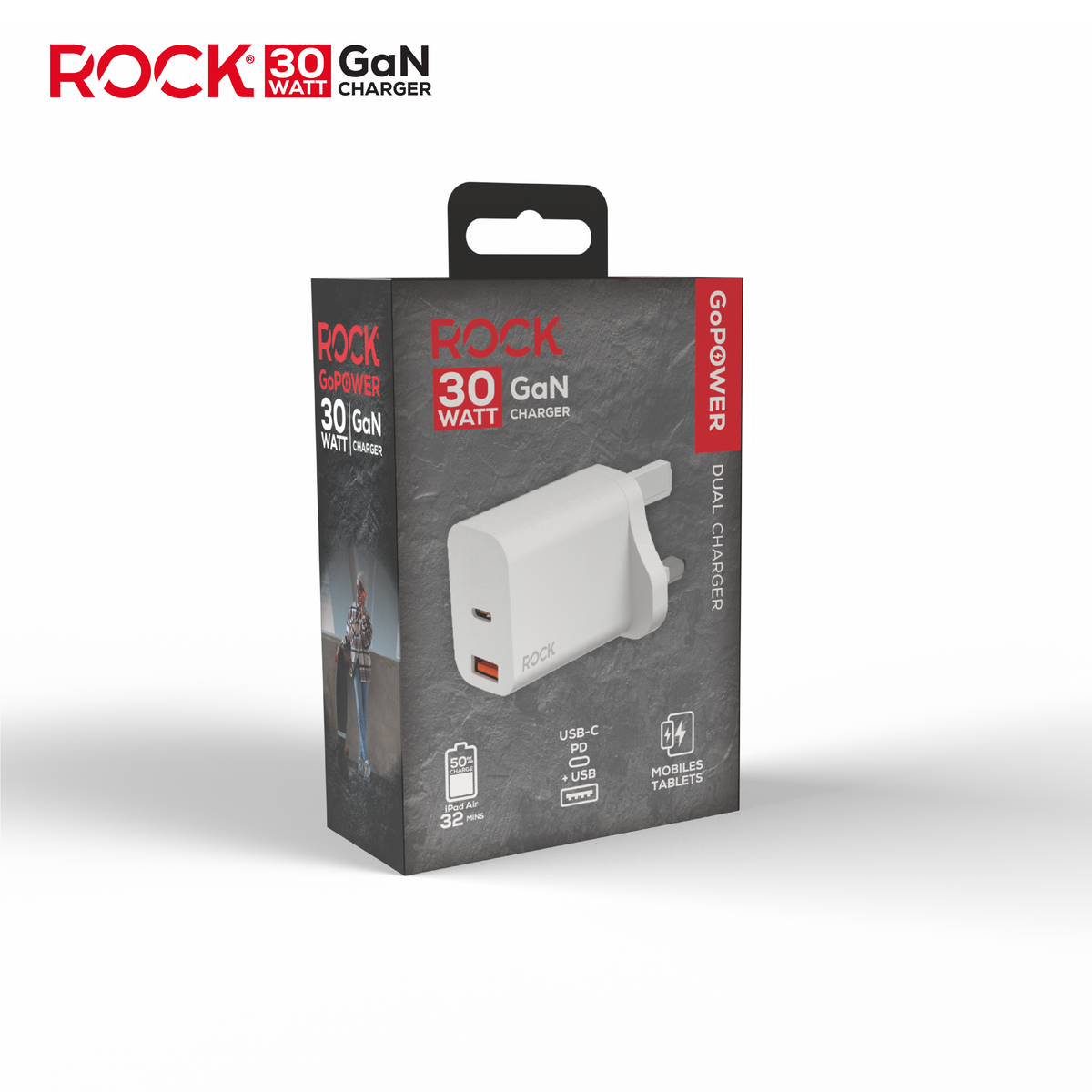 Rock Go Power 30 Watt Dual Port GaN charger - White