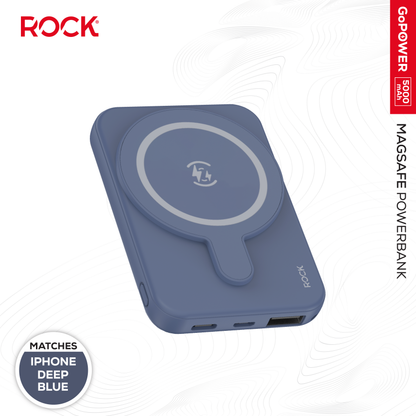 Rock Go Power Deep Blue 5000mAh Magsafe PowerBank with USB-C and USB-A ports, Provides 1 full charge