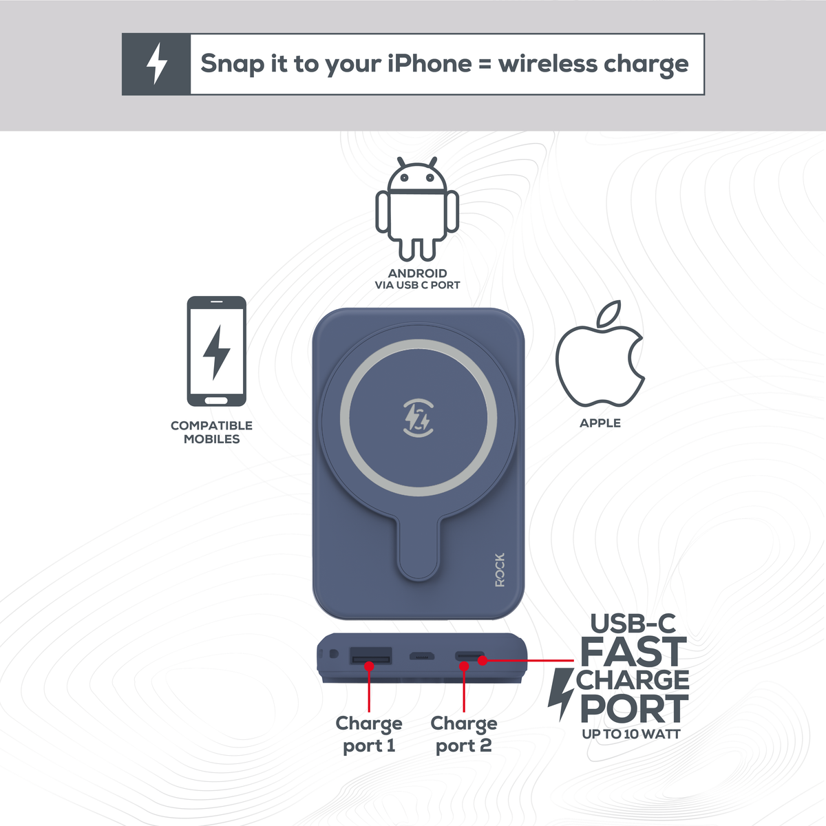 Rock Go Power Deep Blue 5000mAh Magsafe PowerBank with USB-C and USB-A ports, Provides 1 full charge