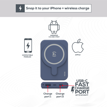 Rock Go Power Deep Blue 5000mAh Magsafe PowerBank with USB-C and USB-A ports, Provides 1 full charge
