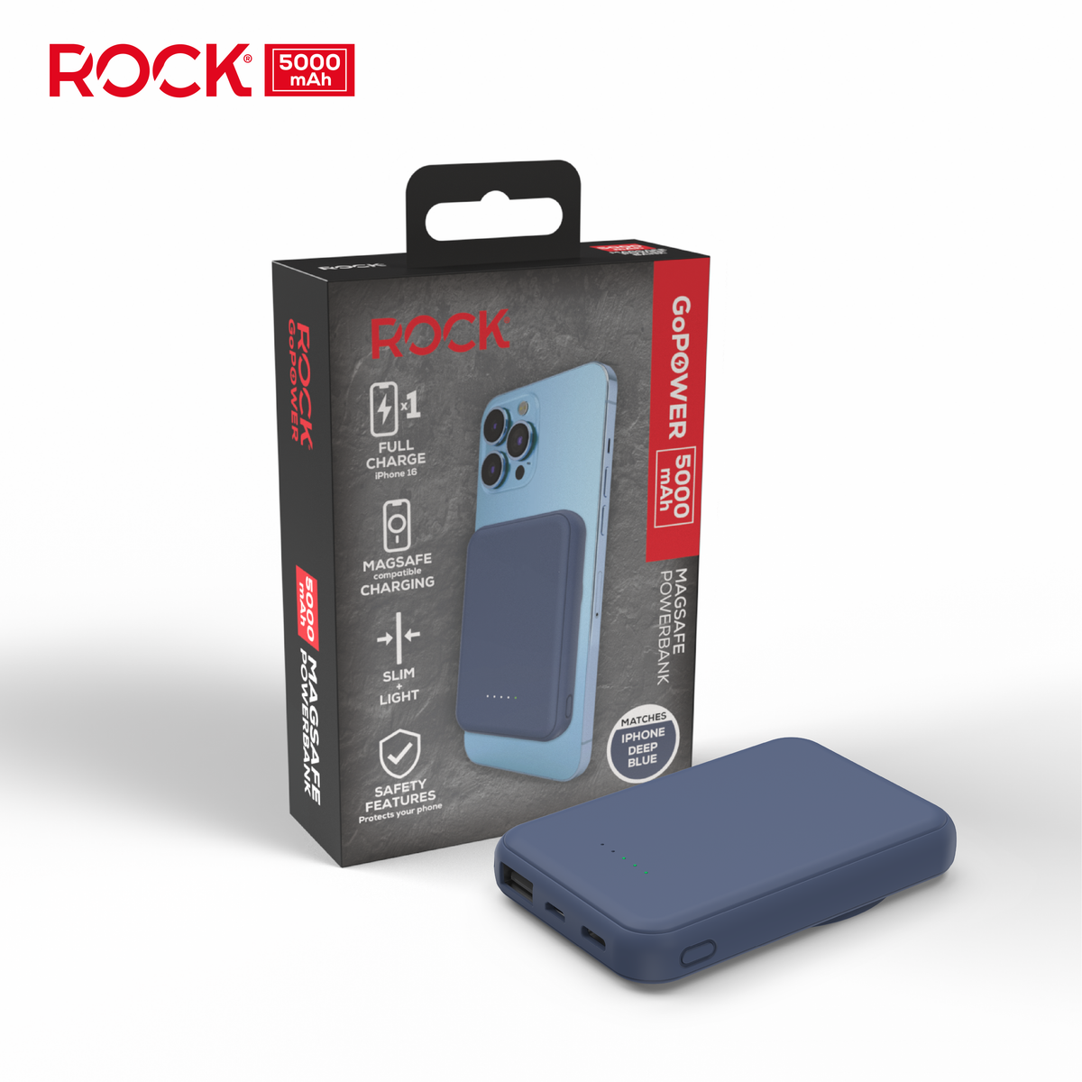 Rock Go Power Deep Blue 5000mAh Magsafe PowerBank with USB-C and USB-A ports, Provides 1 full charge