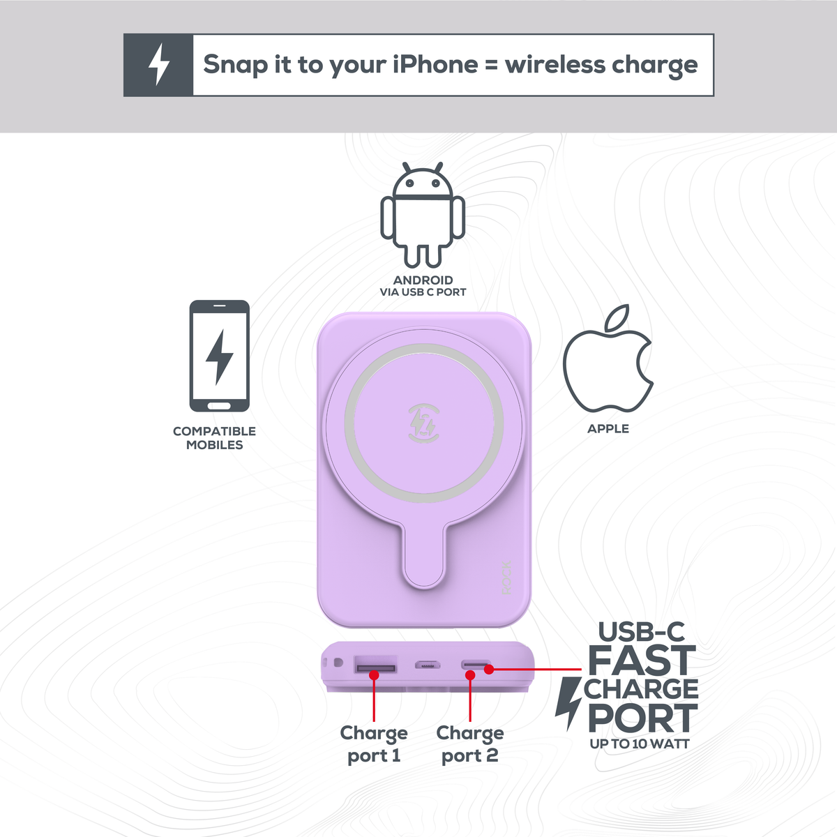 Rock Go Power Lavender 5000mAh Magsafe PowerBank with USB-C and USB-A ports, Provides 1 full charge (Copy)