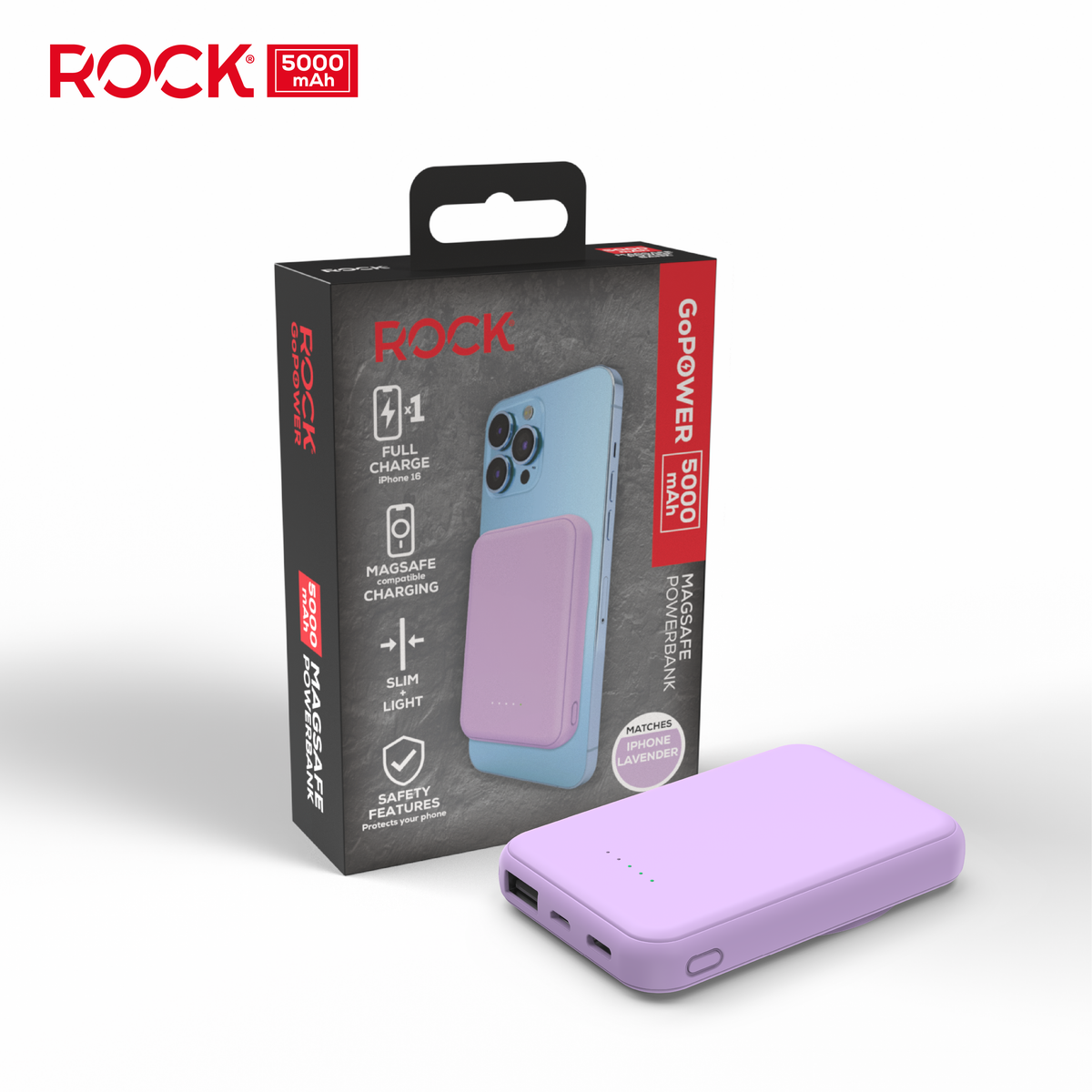Rock Go Power Lavender 5000mAh Magsafe PowerBank with USB-C and USB-A ports, Provides 1 full charge (Copy)
