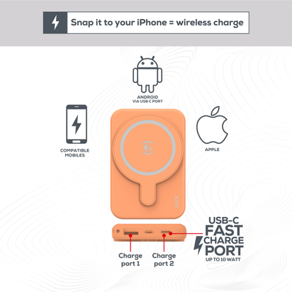 Rock Go Power Cosmic Orange 5000mAh Magsafe PowerBank with USB-C and USB-A ports, Provides 1 full charge