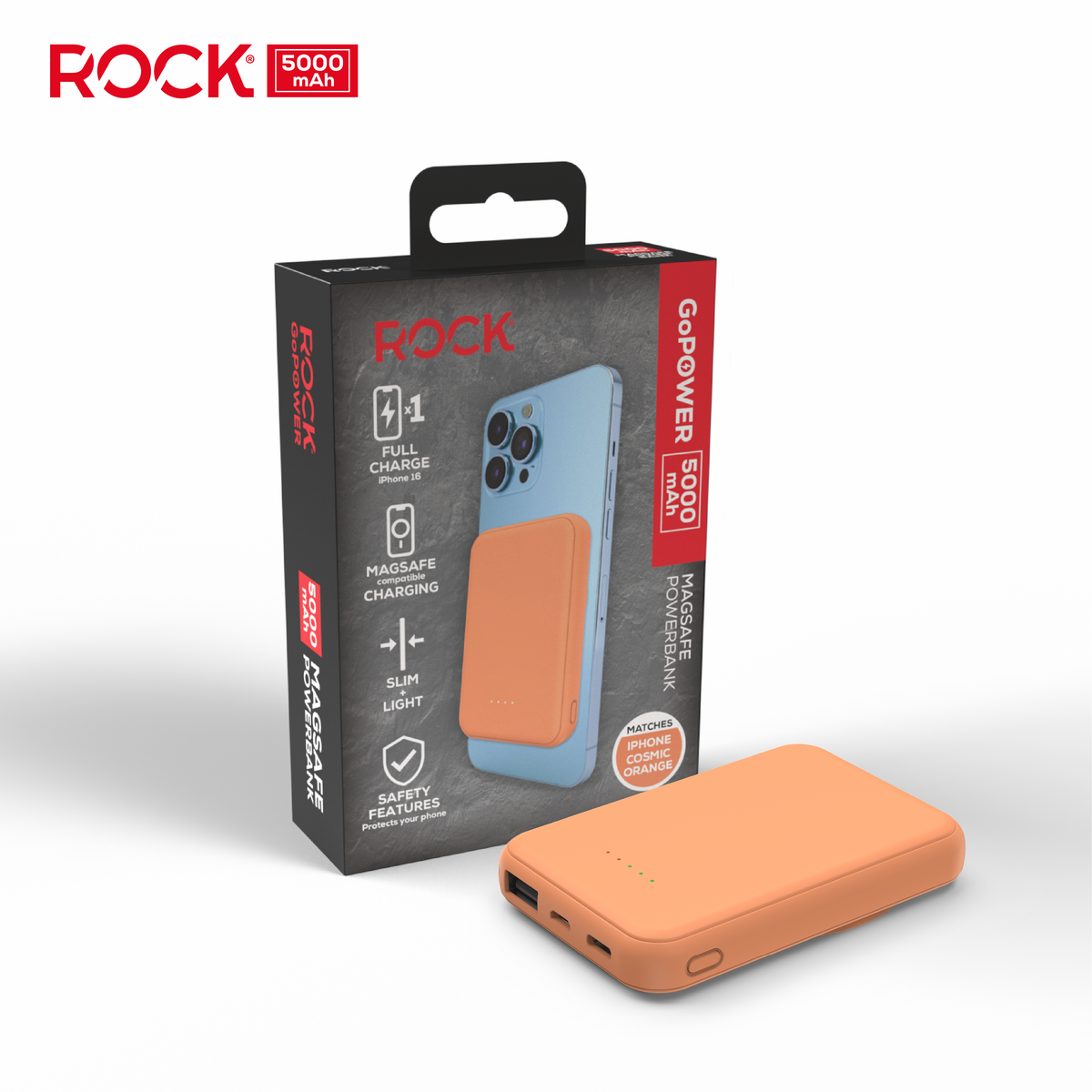 Rock Go Power Cosmic Orange 5000mAh Magsafe PowerBank with USB-C and USB-A ports, Provides 1 full charge
