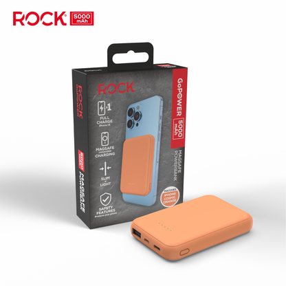 Rock Go Power Cosmic Orange 5000mAh Magsafe PowerBank with USB-C and USB-A ports, Provides 1 full charge